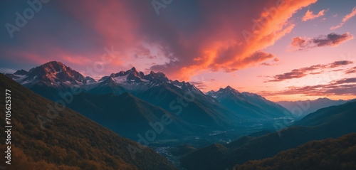Mountain landscape with orange-teal pinkish clouds 