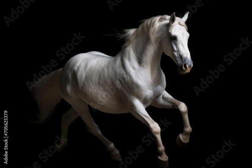 White horse runs gallop on a black background. Generative AI