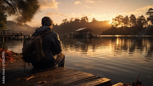 A solitary young man is perched on a pier next to a lake at sunset, Generative AI. photo