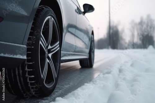 Winter tire. Car on snow road. Tires on snowy highway detail. Generative AI © KaterynaVS