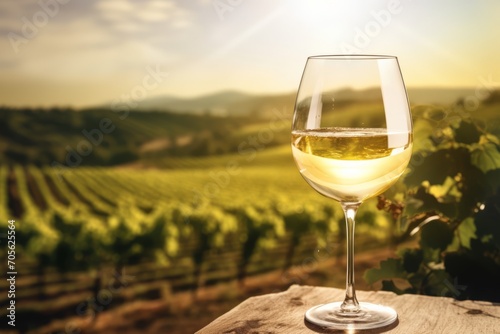Wine glass with white wine and vineyard landscape in sunny day. Generative AI