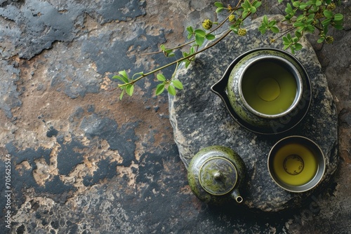 Teapot and two cups of green tea sitting on a rock. Perfect for tea lovers and peaceful, nature-themed designs