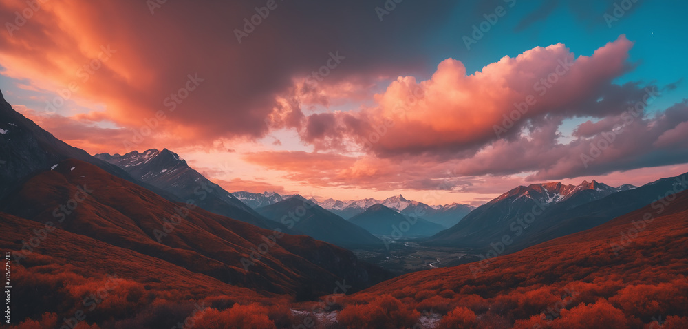 Mountain landscape with orange-teal pinkish clouds 