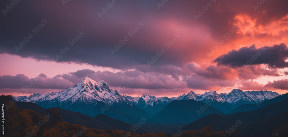 Mountain landscape with orange-teal pinkish clouds 