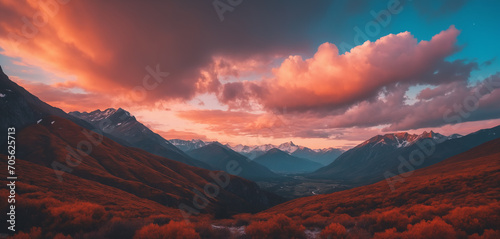 Mountain landscape with orange-teal pinkish clouds 