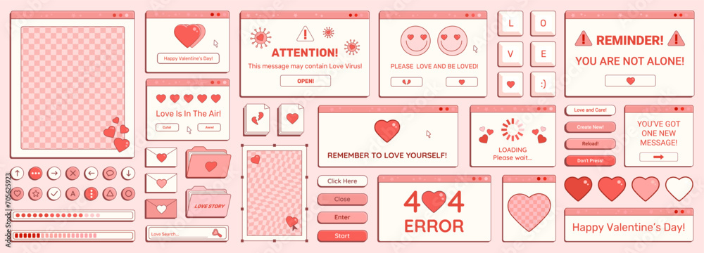 Set of Y2K Valentine Day retro computer windows, buttons, messages and other romantic interface elements with cheering phrases. Vector illustration. - obrazy, fototapety, plakaty 
