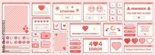 Set of Y2K Valentine Day retro computer windows, buttons, messages and other romantic interface elements with cheering phrases. Vector illustration.