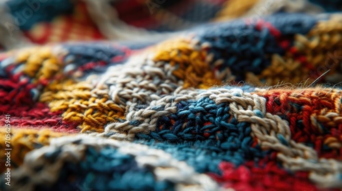 A detailed close-up view of a vibrant, multicolored knitted blanket. Perfect for adding a cozy touch to home decor or showcasing the artistry of handcrafted textiles