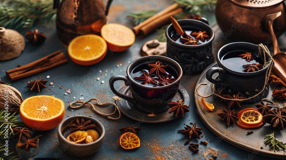 Spiced hot drinks with citrus on a blue backdrop