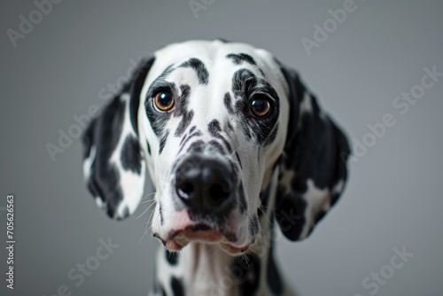 A close-up photograph of a Dalmatian dog s face. This picture can be used for various purposes such as pet care websites  dog breed articles  or animal-themed designs