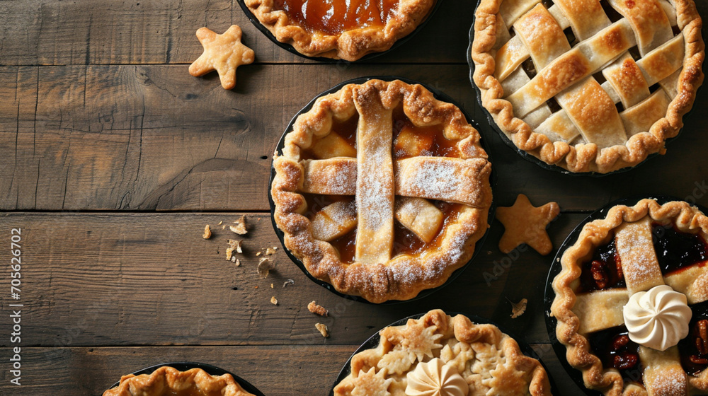 Thanksgiving pumpkin and apple various pies, top view, copy space. AI Generative Thanksgiving pumpkin and apple various pies, top view, copy space. AI Generative