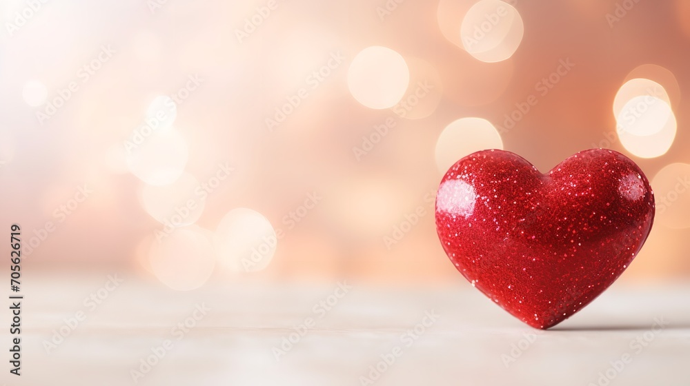 A crimson heart set against a white bokeh backdrop with empty space, valentine, card, Generative AI.