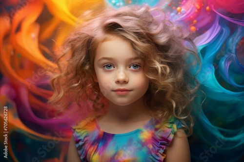 Playful Little girl in colorful dress. Child with hands up on multicolored wall. Generate ai
