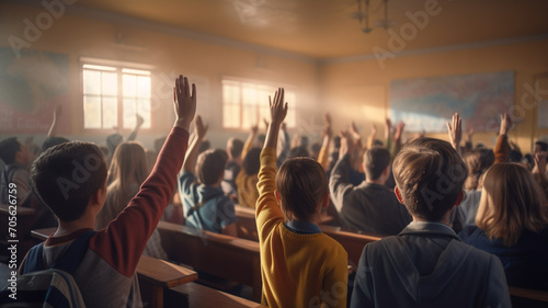 Back view of student raising hand while teacher asking