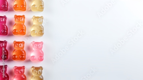 A distinct hue candies gummy bears in jelly on a pale pink backdrop, top view, copy space, Generative AI. photo