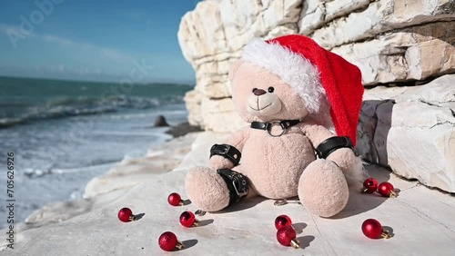 New Year's teddy bear in a Santa Claus hat in leather bdsm straps on the background of the Earth sea on white stones. High quality FullHD footage