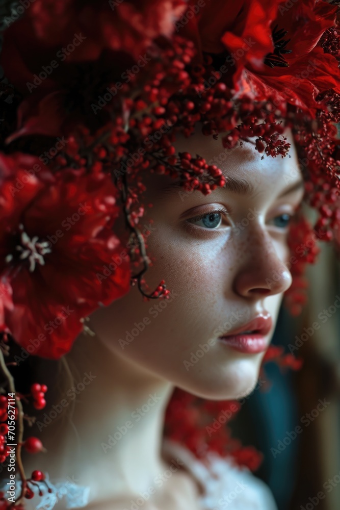 A young girl wearing a red flowered hat. Can be used for fashion, summer, or outdoor lifestyle themes A young girl wearing a red flowered hat. Can be used for fashion, summer, or outdoor lifestyle themes