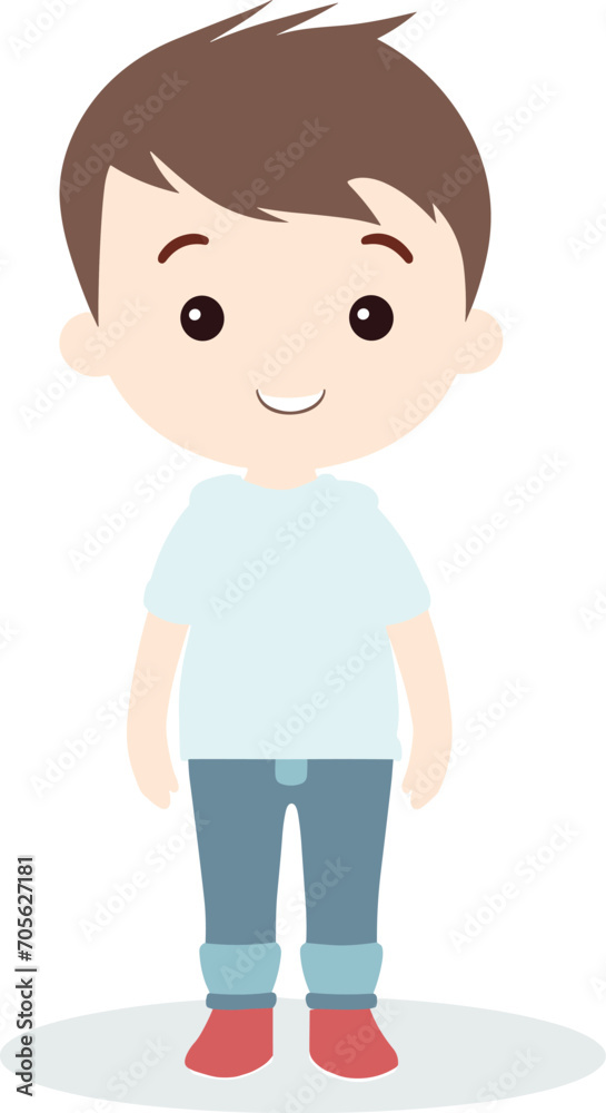 A smiling cartoon boy stands happily in casual clothing, a vector illustration. A smiling cartoon boy stands happily in casual clothing, a vector illustration.