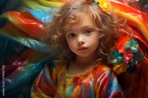 Radiant Little girl in colorful dress. Child with hands up on multicolored wall. Generate ai