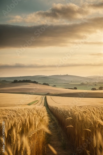 A beautiful golden wheat field against a background of blue sky and clouds on a sunny autumn day. Harvest, Agriculture, farming, small business concepts.