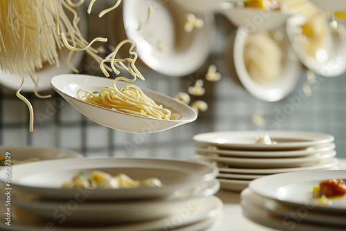 Different types of pasta flying and floating in the air chaotically and dynamically. Air-tossed pasta.