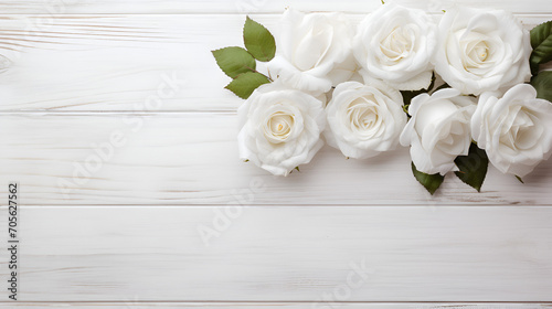 White roses on white wooden background. copy space, ai generative © Malaika