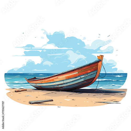 Old boat on beach illustration vector