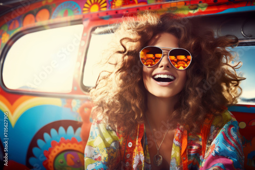 curly cheerful hippie girl in glasses sits in a car photo