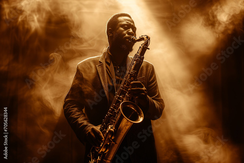A soulful African American jazz musician playing the saxophone