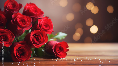 close up of red rose bouquet on a wooden desk with shiny bokeh lights with wide copy space.valentine's day concept #705628359