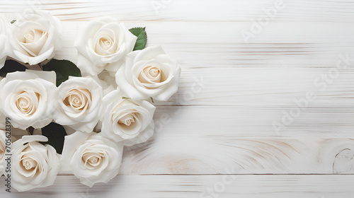 White roses on white wooden background. copy space, ai generative © Malaika