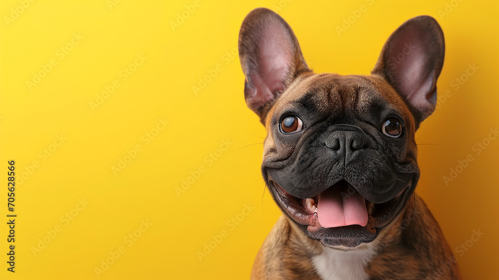 Happy dog on a yellow background with empty space for text