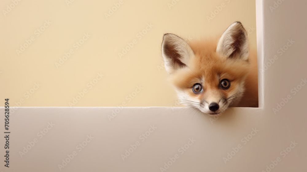 Obraz premium fox peeks out, on a smooth background in the studio