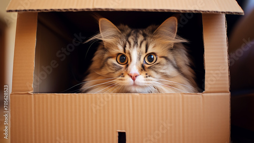 a cat peeks out of a cardboard box, a cute cat inside a box, a simple pet house
