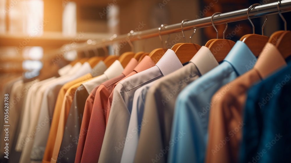 Rack with clean shirts near light wall, clothes on hangers in shop, Men Clothes hang on a rack in a clothing store close shot, Ai generated image  - obrazy, fototapety, plakaty 