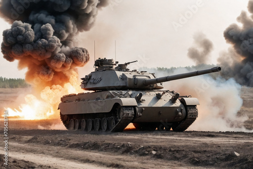 An armored tank shooting of a battle field in a war. bombs and explosions in the background. fire smoke and ash everywhere