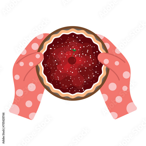 Human hands in oven mitts hold a freshly baked cherry pie with powdered sugar, in a baking dish. vector illustration for holiday card.