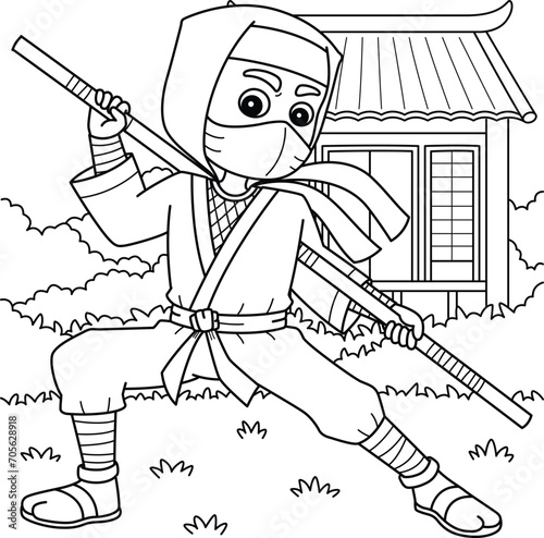 Ninja Holding a Staff Coloring Page for Kids