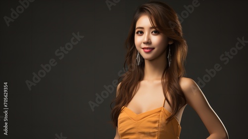 Asian female model solitary against dark backdrop, wearing an orange sundress, Generative AI.