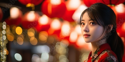 Attractive young woman in Chinese new year celebration, A close shot of Chinese woman in night view, Generative AI.