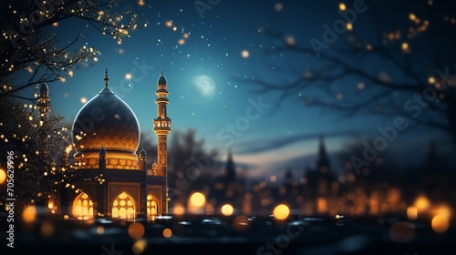 Beautiful Ramadan of mosque in a dark night with a dome in the middle, Generative AI.