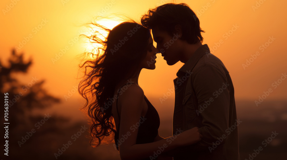 A romantic couple silhouette shadow close to each other and the sun set in the background