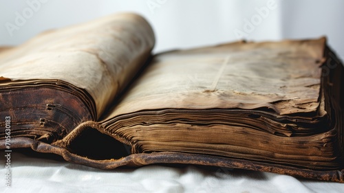 Open antique book with tattered pages on a white background