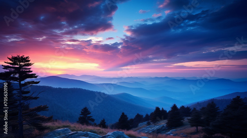 beautiful landscape view from the top of the mountain on the valley covered with forest. Pink sunset and magical blue clouds