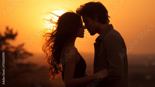 A romantic couple silhouette shadow close to each other and the sun set in the background