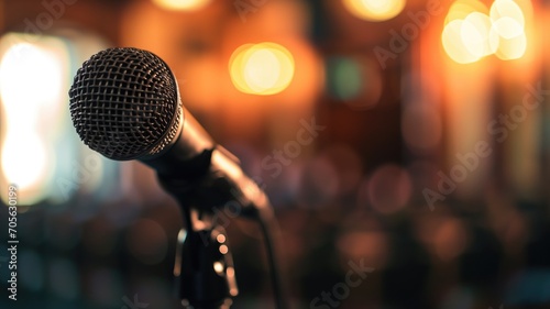 Microphone on stage with bokeh lights