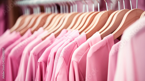 Pink colored women clothes hanging in row on rack, Pink colored women clothes hanging in row on rack close shot, Ai generated image