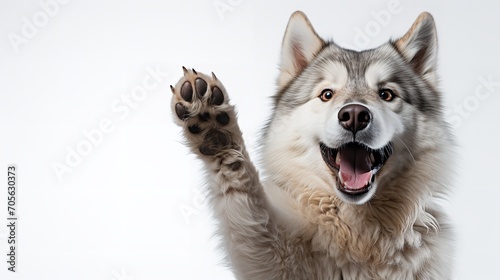 Canine extending a high five on a white backdrop with empty space, Generative AI.