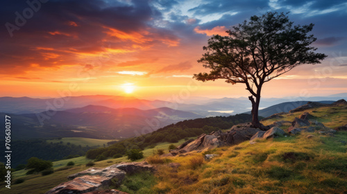 beautiful landscape view from the top of the mountain on the valley covered with forest. Sunset and lonely tree