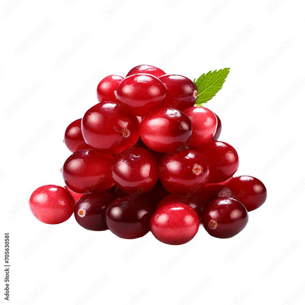 Pile of fresh cranberry fruits cut out isolated on transparent white background.
